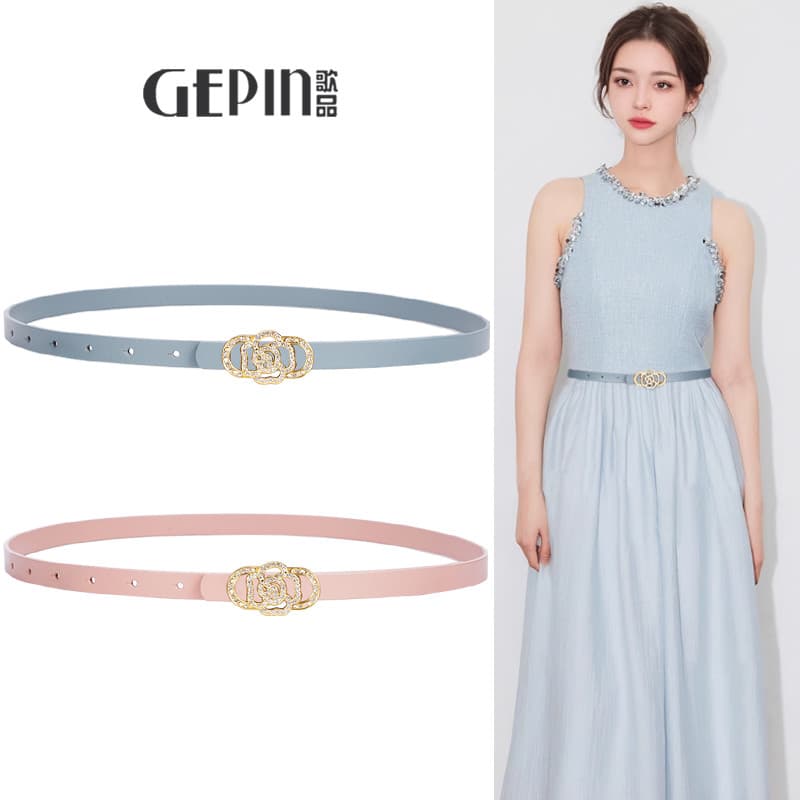 Cinto fino de couro genuíno feminino All-Match vestido decorativo combinando cintura estreita azul rosa pequeno cinto ve