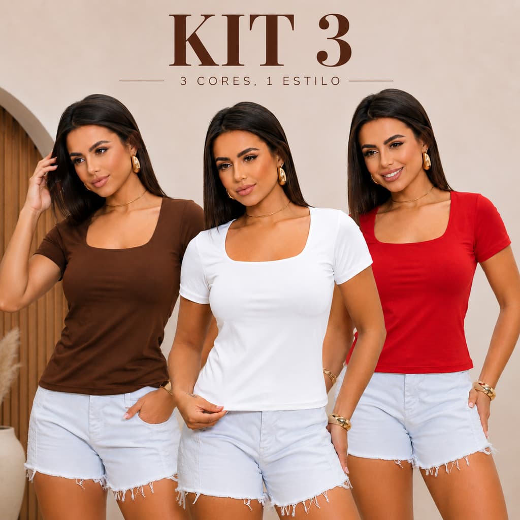 KIT 3 Blusa Feminina Manga Curta Suplex Decote Quadrado Básica Premium Segunda Pele Plus Size