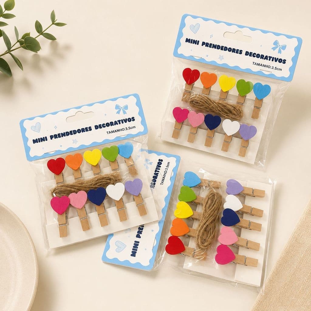 Kit 10/20 Mini Clips Pregador De Foto De Madeira Coloridos E Formas De Coração