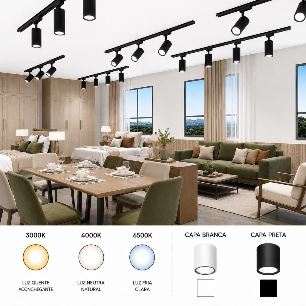 Trilho com Spot Led Eletrificado 1m ou 2m Spot 10W Sobrepor Teto Gesso Preto Branco - Kit Iluminação Bivolt Eletrificado