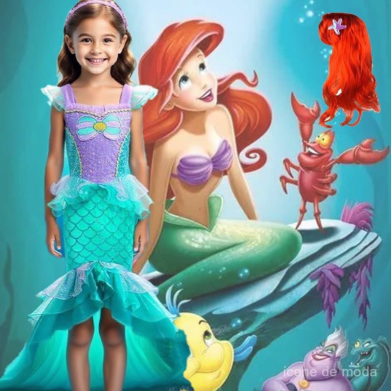 Fantasia da Pequena Sereia Ariel para Meninas, Vestido Azul com Lantejoulas e Concha, Colar, Peruca, Fantasias BH92