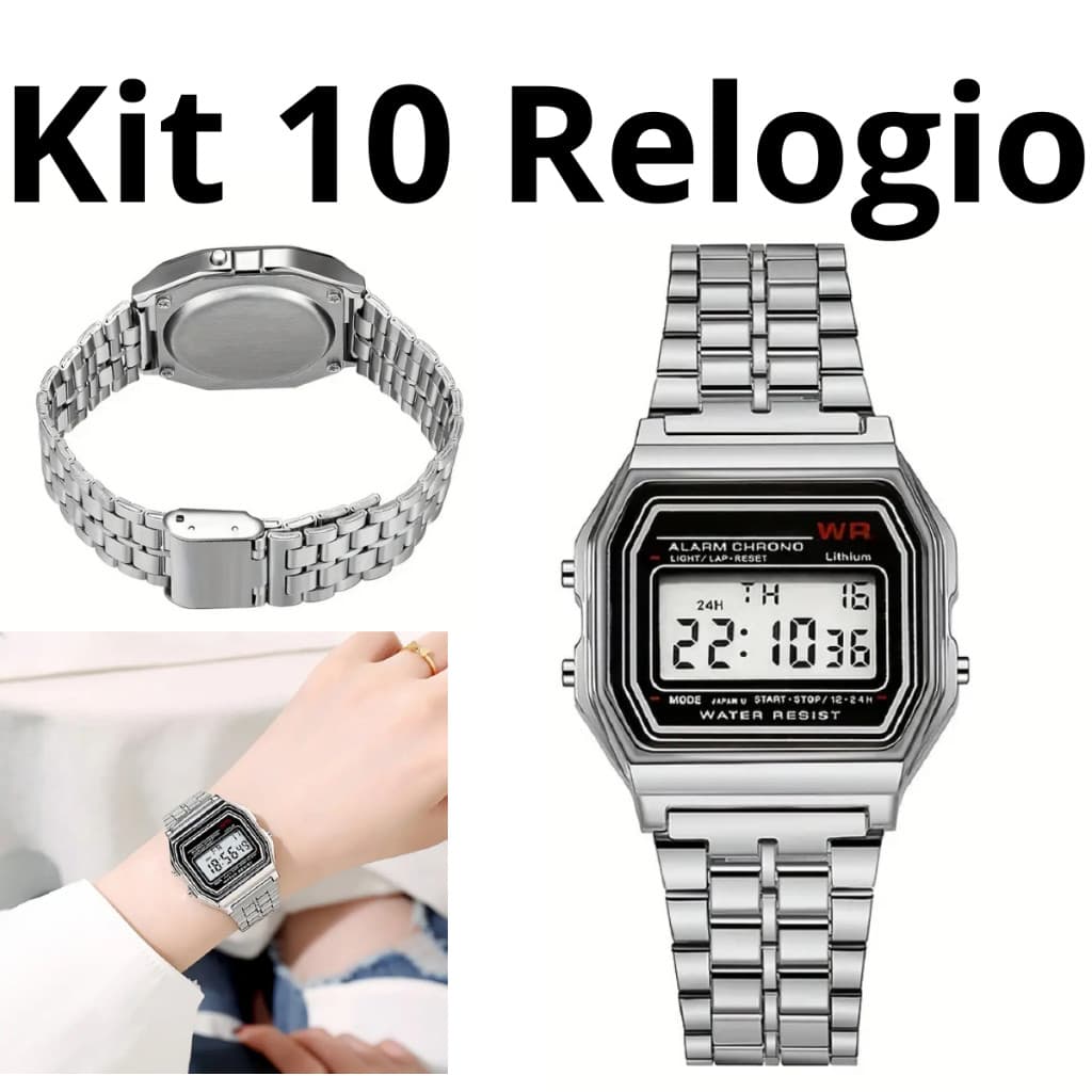 kit Relógio Rétro Ventagim Unissex metal digital femininos e masculinos