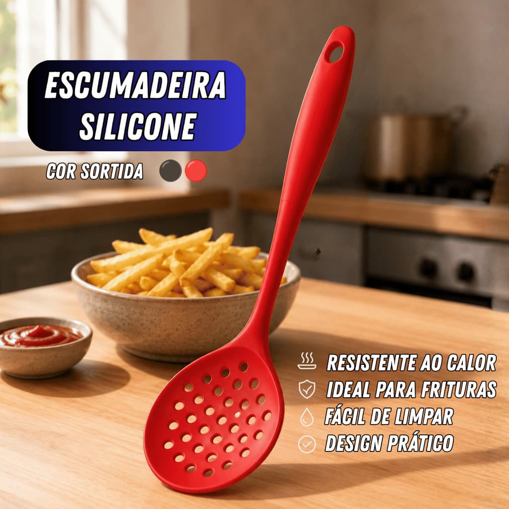 Escumadeira Silicone 28,5cm Antiaderente Resistente ao Calor Não Risca Panelas Silicone Alimentício