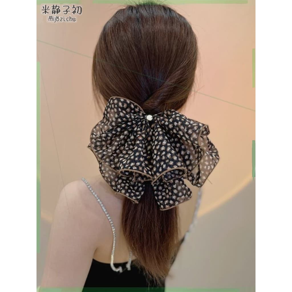 Chiffon leopardo impressão grande arco primavera clipe temperamento cabeça traseira rabo de cavalo clipe High-End tecido