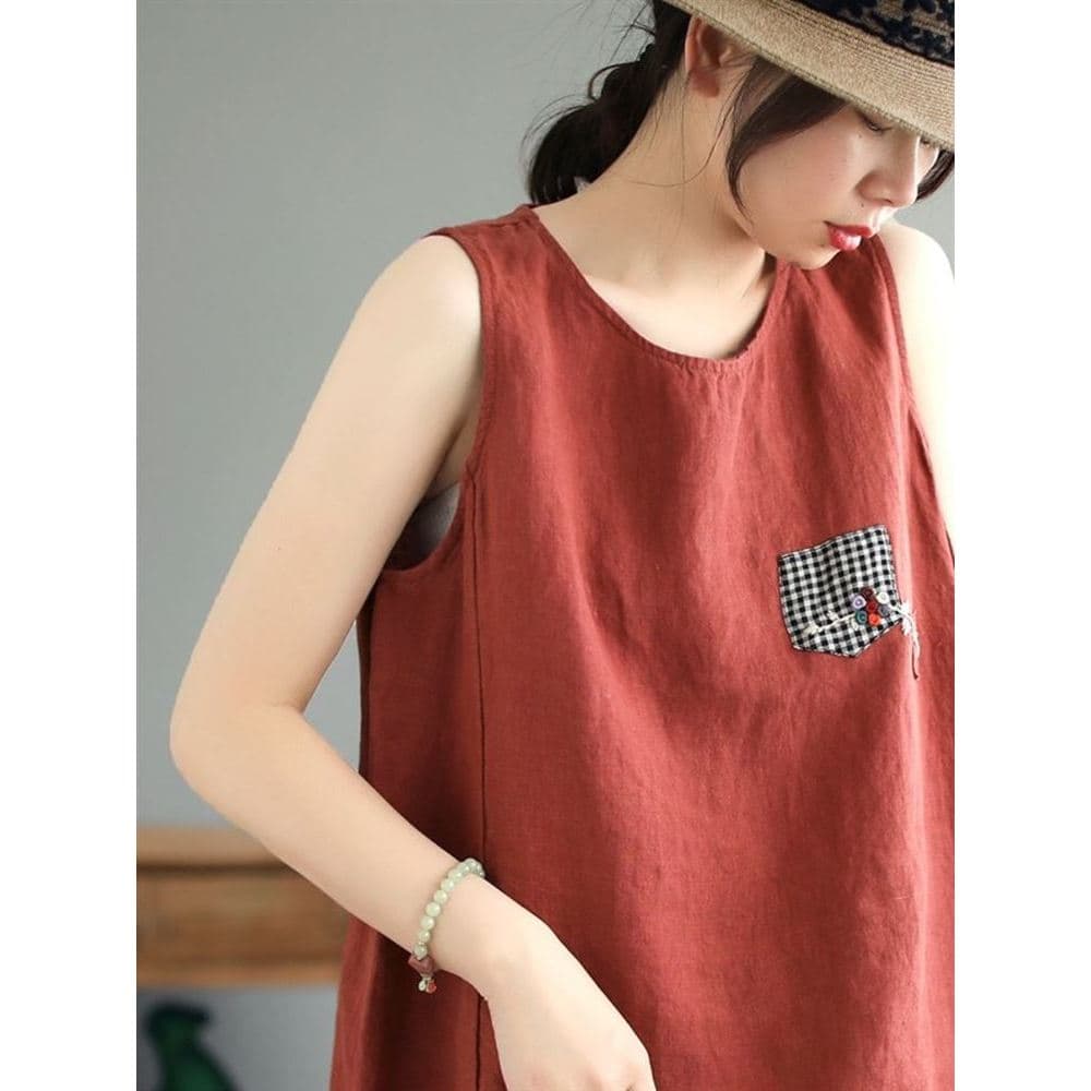 Verão algodão linho novo estilo camisola feminina solta All-Match sem mangas cor sólida Retro Bottoming topo exterior We