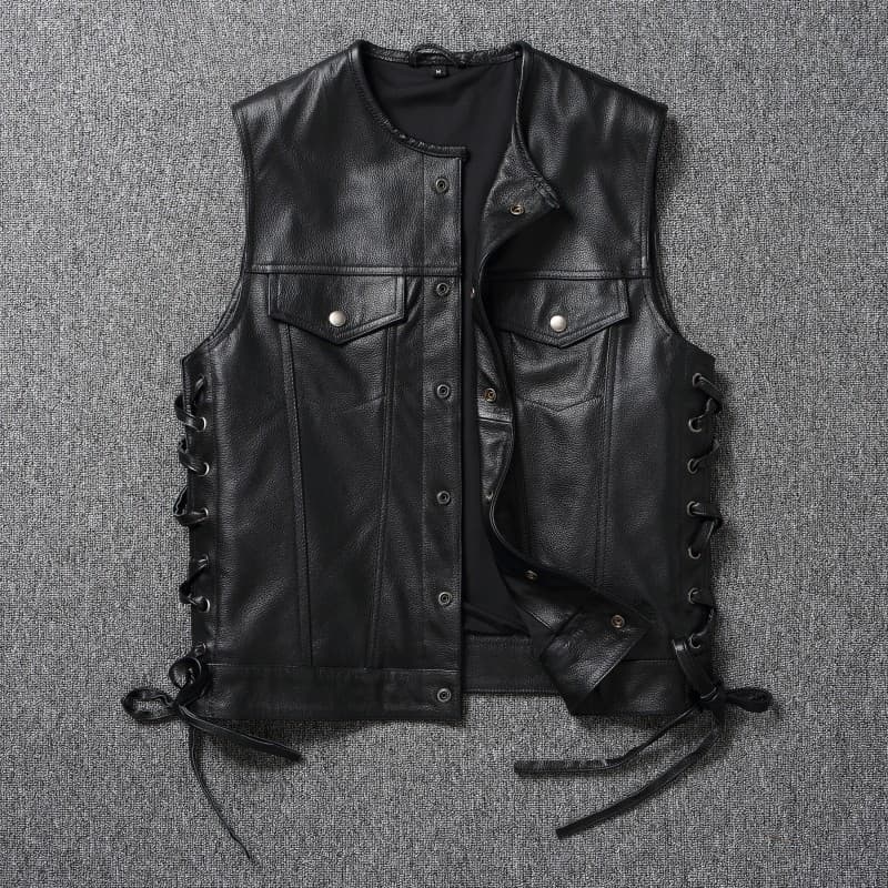 Son of Chaos Colete de couro genuíno para ciclismo Colete de couro sem mangas Harley Colete de couro masculino para moto
