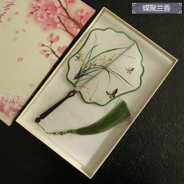 Leque de grupo bordado à mão, dupla face, estilo chinês, característica, artesanato, alça de sândalo roxo, presentes par