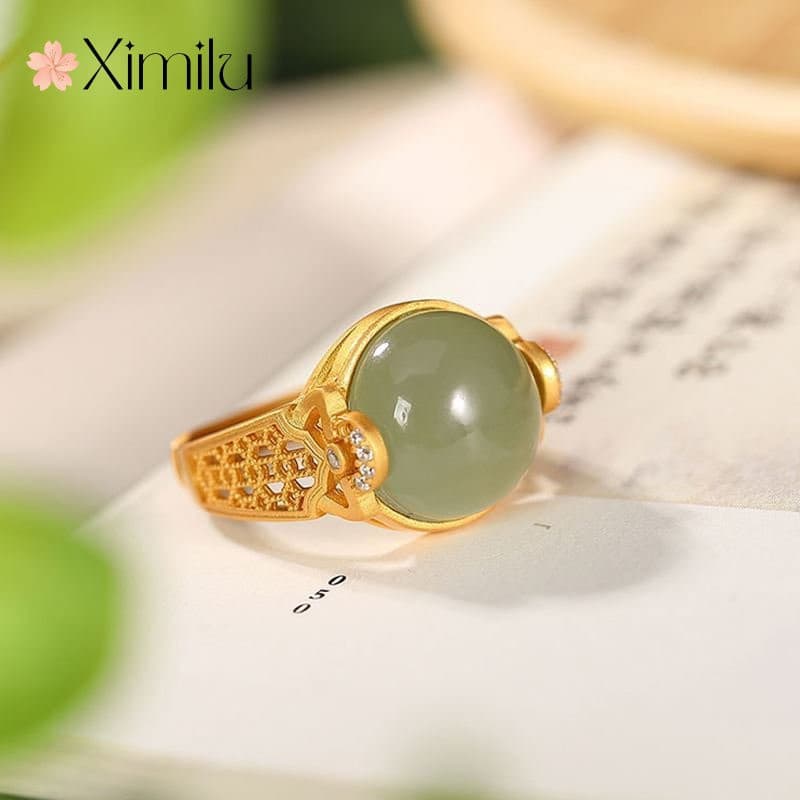 ♥ Padrão requintado senhoras banhado a ouro Natural Hetian Jade safira anel moda Retro jóias