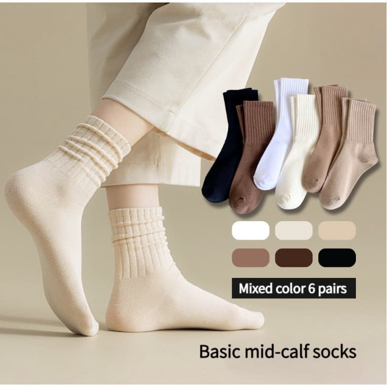 Meia Feminina Mid-Crew Set com 6 Pares - Cor Sólida Vintage em Tricô Grosso para o Inverno