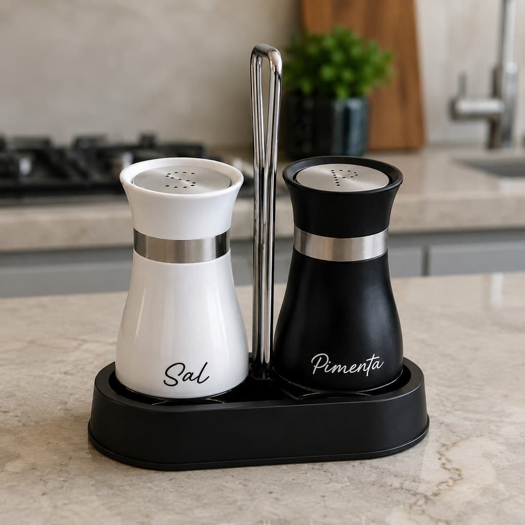 Kit Porta Sal e Pimenta Vidro e Inox 120ml com Suporte - Galheteiro Mesa Posta Moderno