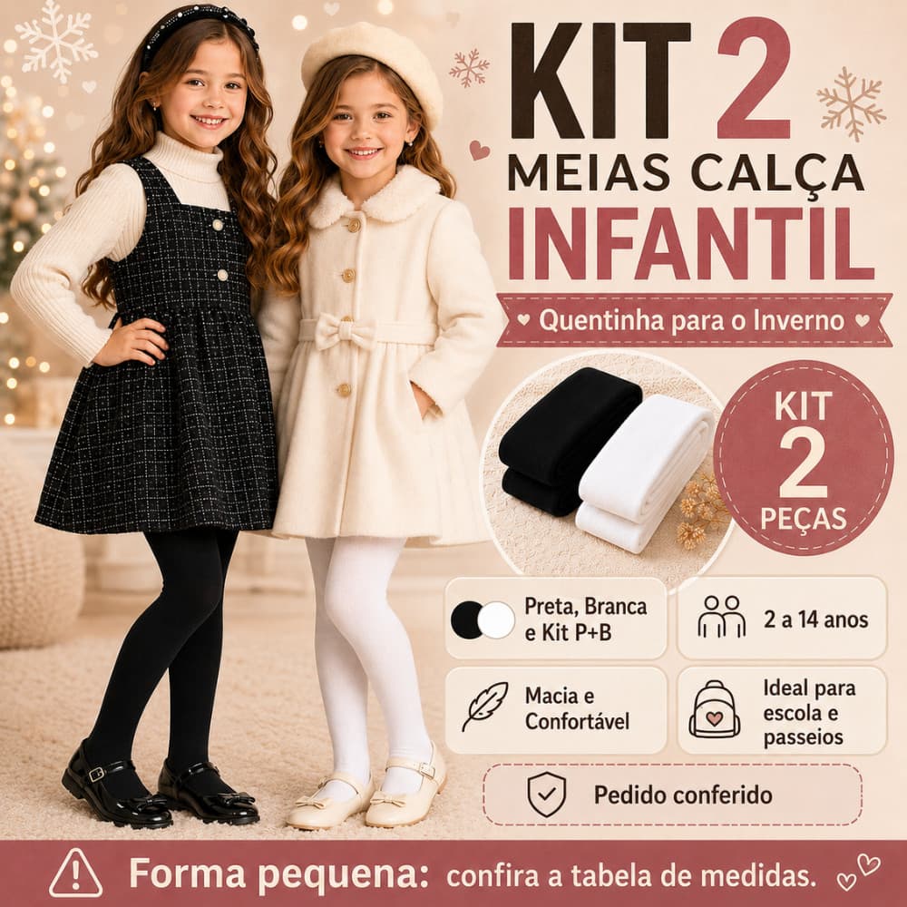 Meia Calça Infantil Kit 2 Grossinha Para Escola Festa Frio Menina Preta Branca