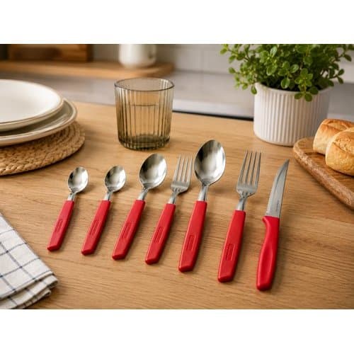 Conjunto Talheres 42 Peças Inox Resistente Acabamento Vermelho Moderno Versátil