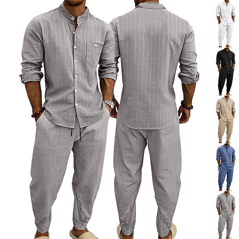 Asiático Casual primavera masculino solto Jacquard listrado gola alta camisa de manga comprida calças terno#亚休闲春男宽松提花条纹立