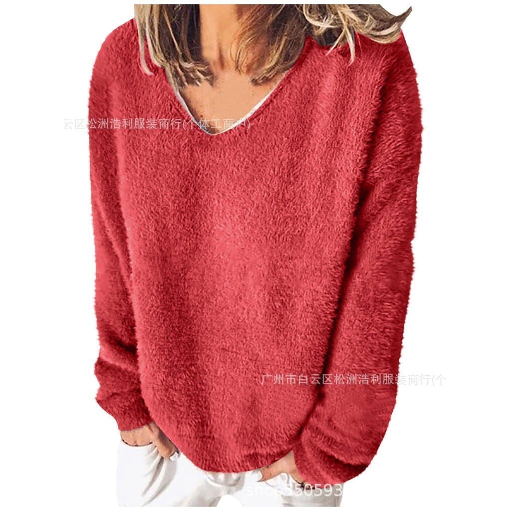 Europeu americano Cross-Border comércio exterior feminino outono inverno camisa de lã com decote em V manga comprida sol