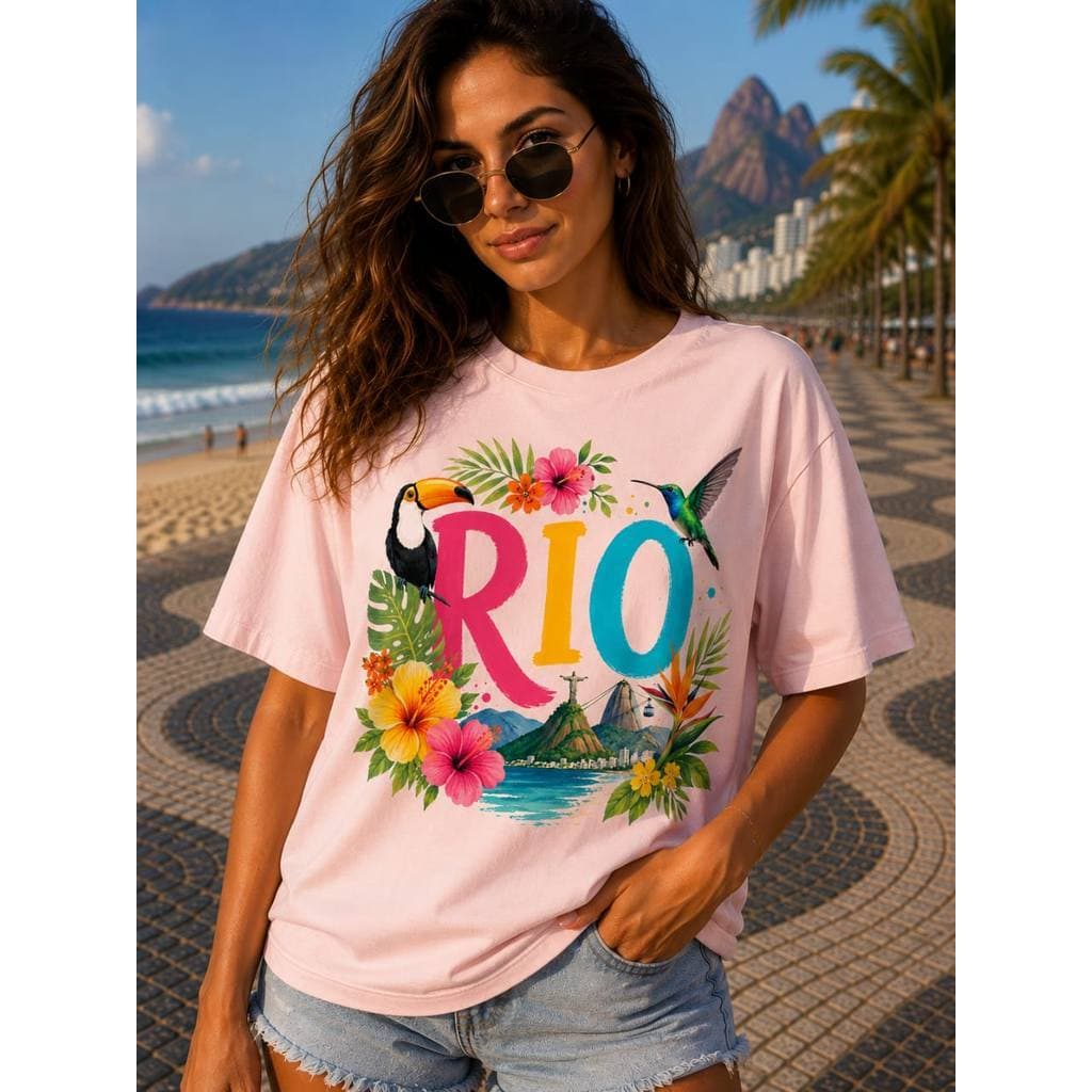 T-Shirt Blusa Feminina Camiseta 100% Algodão Estampa Premium Verão Blusa Casual Leve Macio IN RIO 2