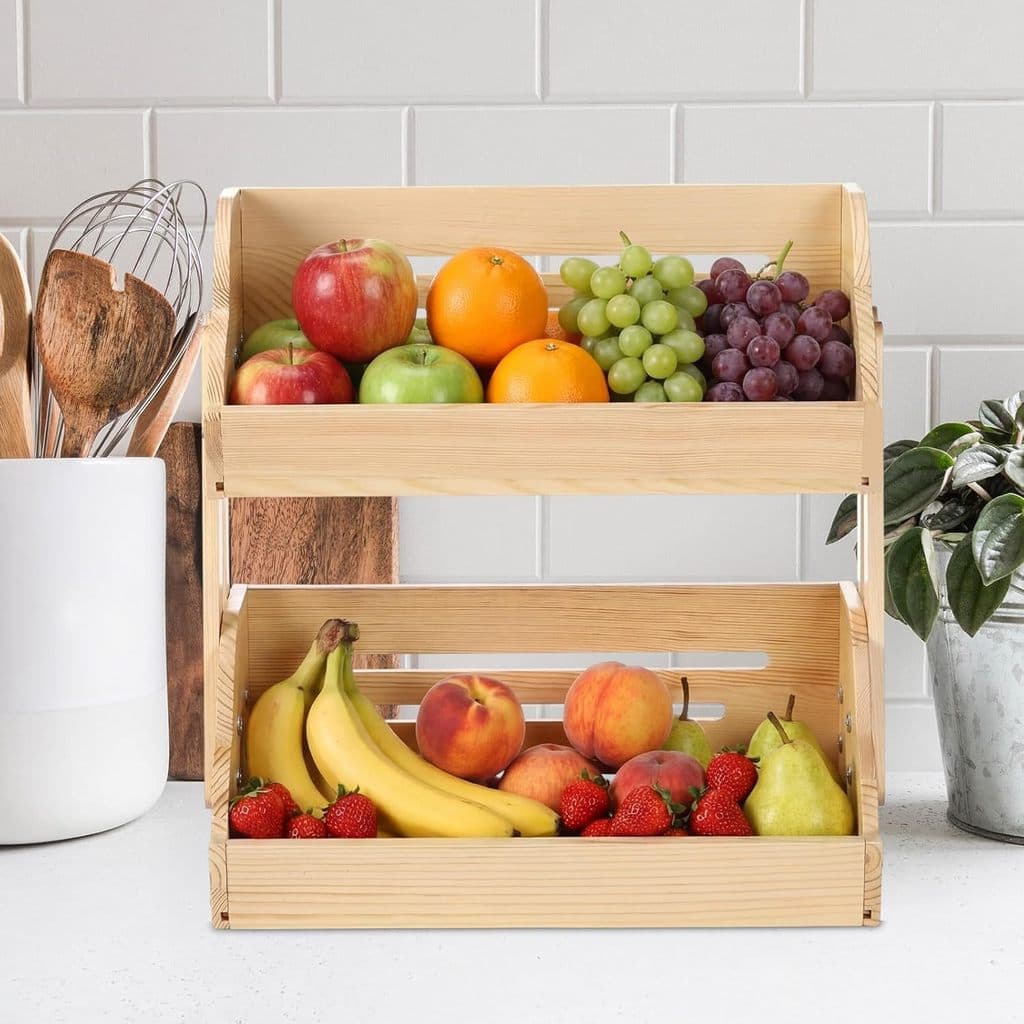 Estoque pronto Rack de armazenamento de mesa de madeira de bambu Cesta de drenagem Rack de armazenamento Rack de frutas