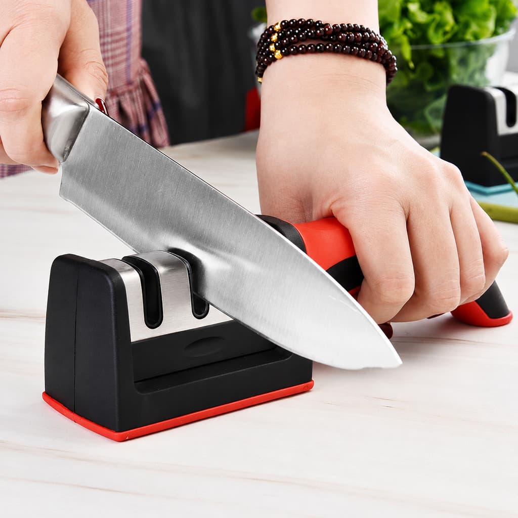 Afiador de Facas 3 em 1 Amolador Manual Cozinha Cabo Antiderrapante Tungstênio Cerâmica Aço Profissional Doméstico