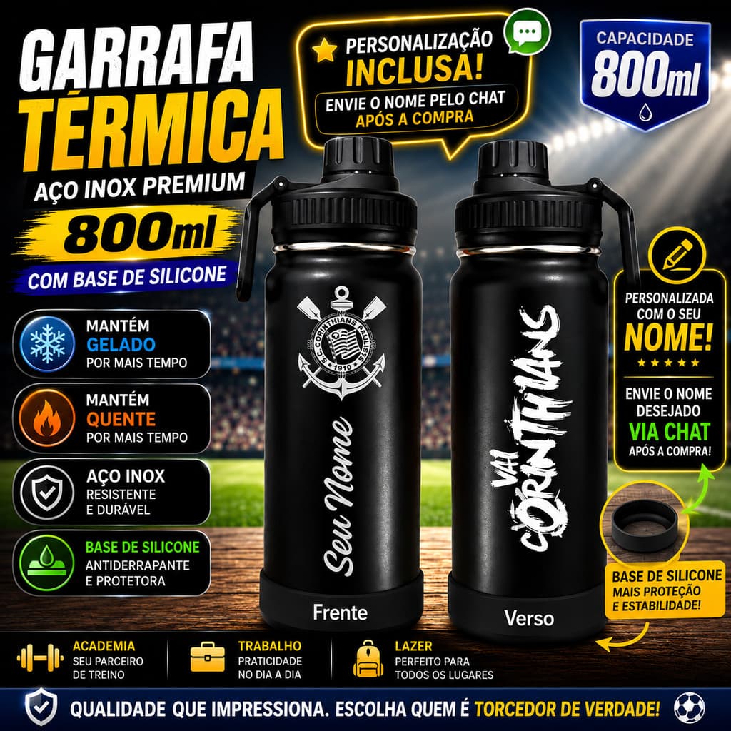 Garrafa Corinthians Inox Térmica Personalizada com Nome 800ml |Escola | Base de Silicone | Presente