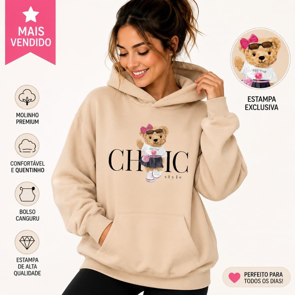 Moletom Feminino Canguru Chic Style Ursinha Fofinha Com Capuz Confortável Premium