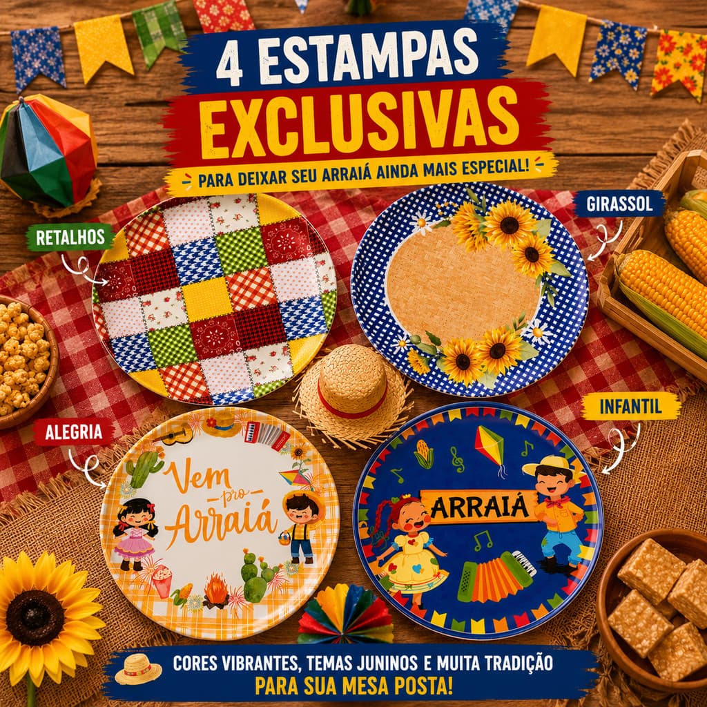 Prato Junino Melamina 20cm 4 Estampas Festa São João Sobremesa Arraiá