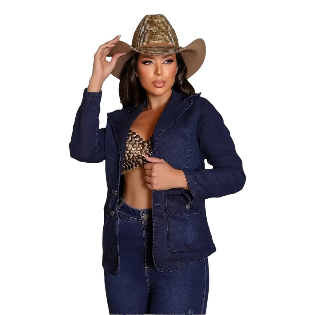 Blazer Jaqueta Casaco Jeans Feminino Casual Com Botões