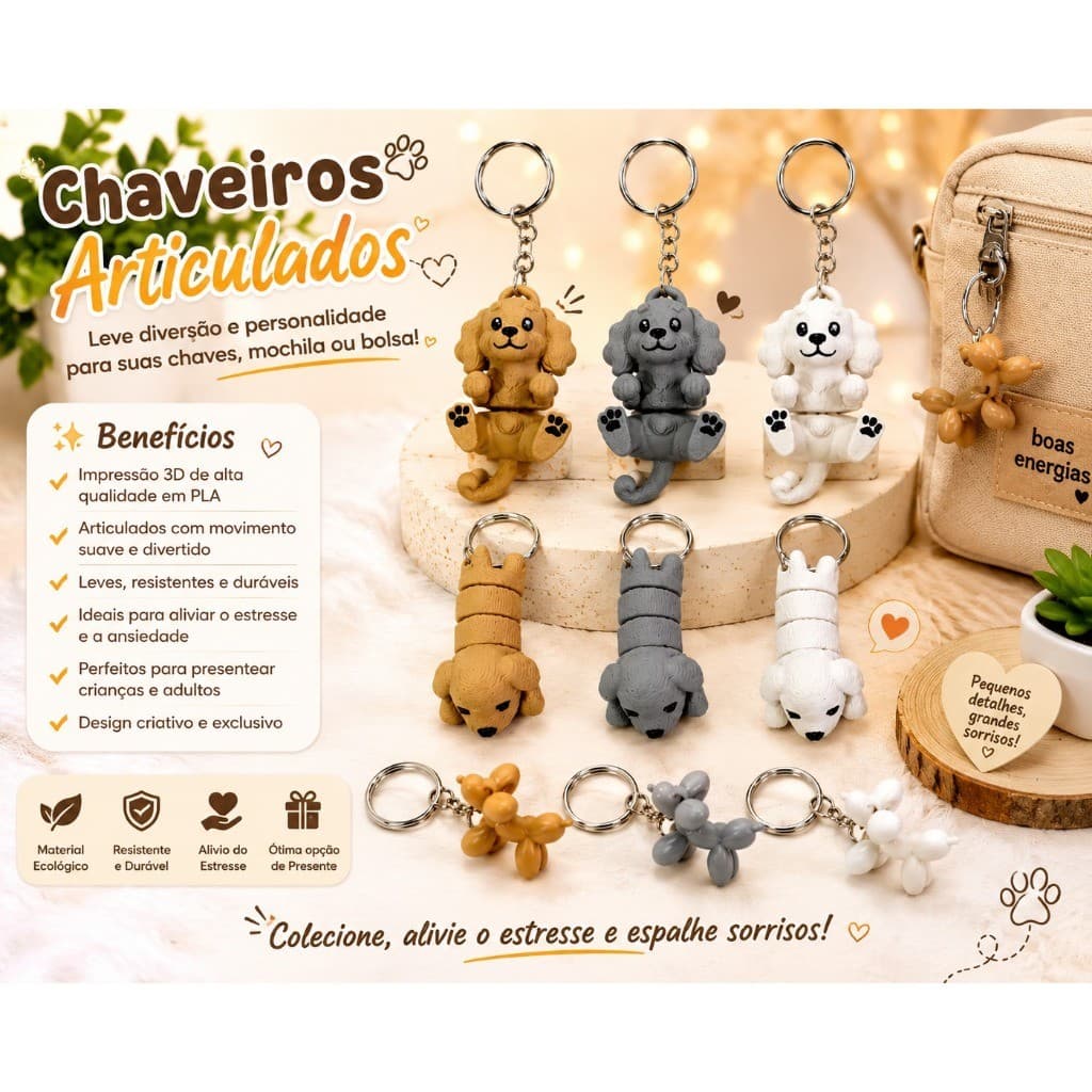 Kit Chaveiros Articulados Cachorrinhos em Impressão 3D – Fidget Antiestresse