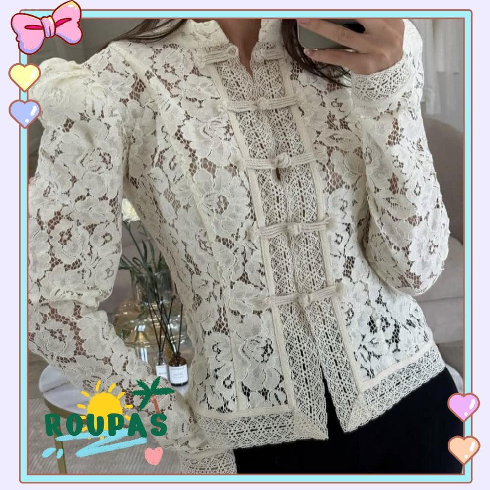 Blusa Bordada ROUPAS , Oca Transparente De Cor Sólida Slim Fit Com Retalhos De Peito Único