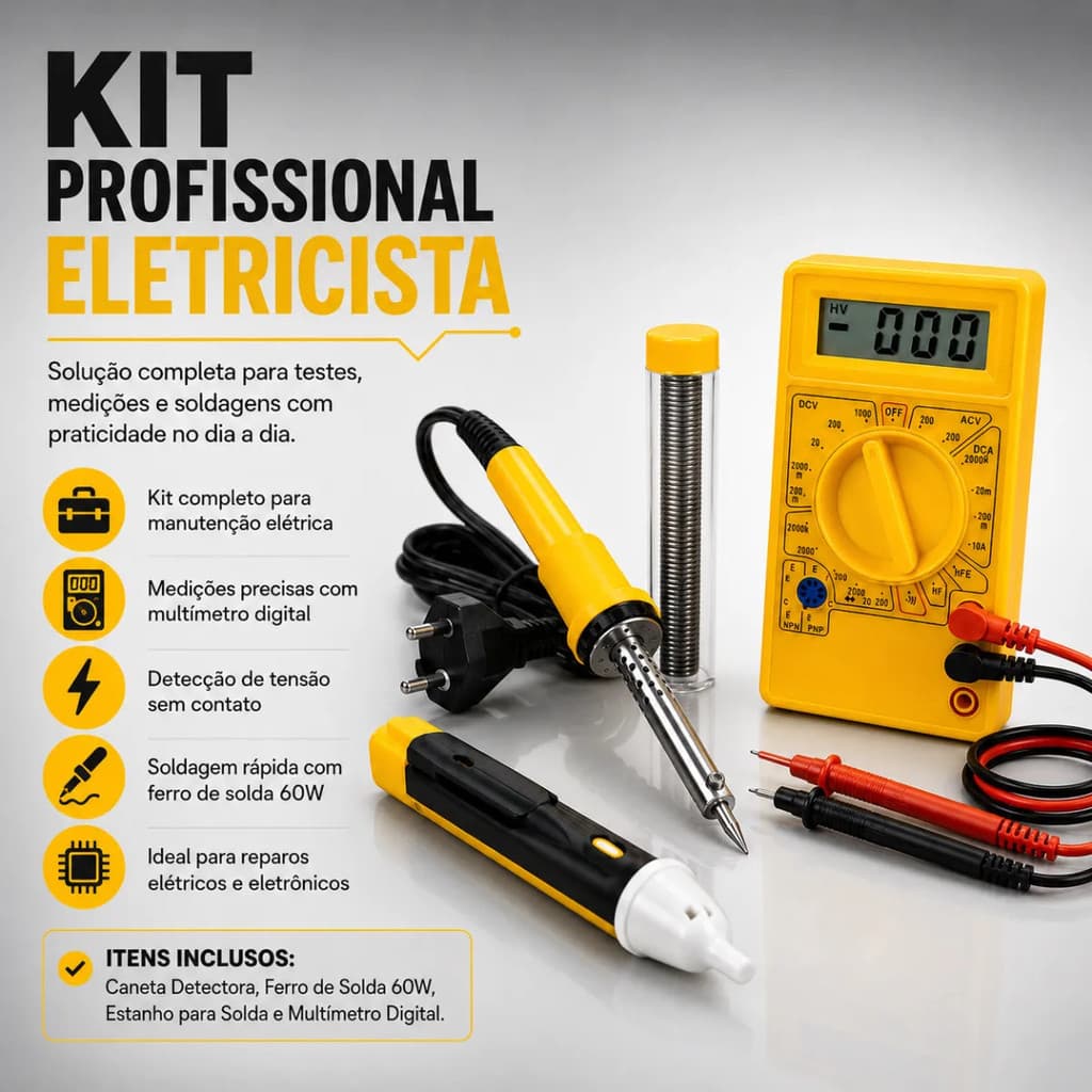 Kit Eletricista 110V Profissional com Ferramentas de Solda, Teste e Medição