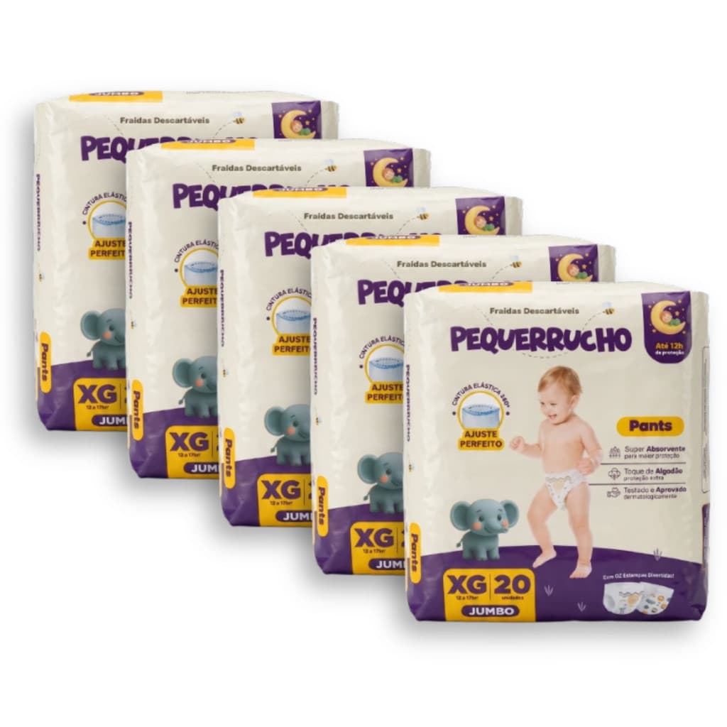Kit 5 Fralda Descartável Pequerrucho Pants Toque Macio Hipoalergênico - Tamanho XG - 100 Unidades