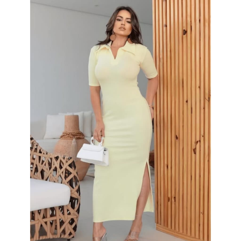 Vestido Longo Feminino Ribana Canelado Justo Manga Curta Vestido Tubinho Midi Blogueirinha
