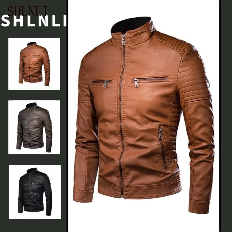 Primavera Outono Masculino Gola De Couro Motociclista Jaqueta Fina À Prova De Vento Vintage Motocicleta Outerwear Casaco