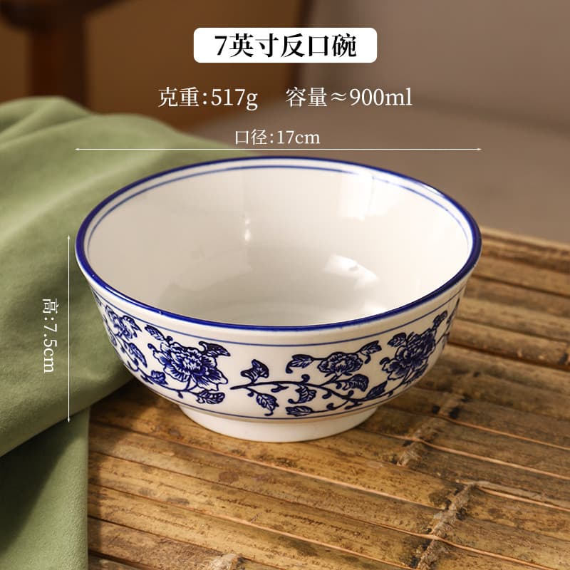 Tigela de porcelana azul e branca, talheres de cerâmica, tigela grande de sopa, uso comercial, retrô chinês, tigela de R