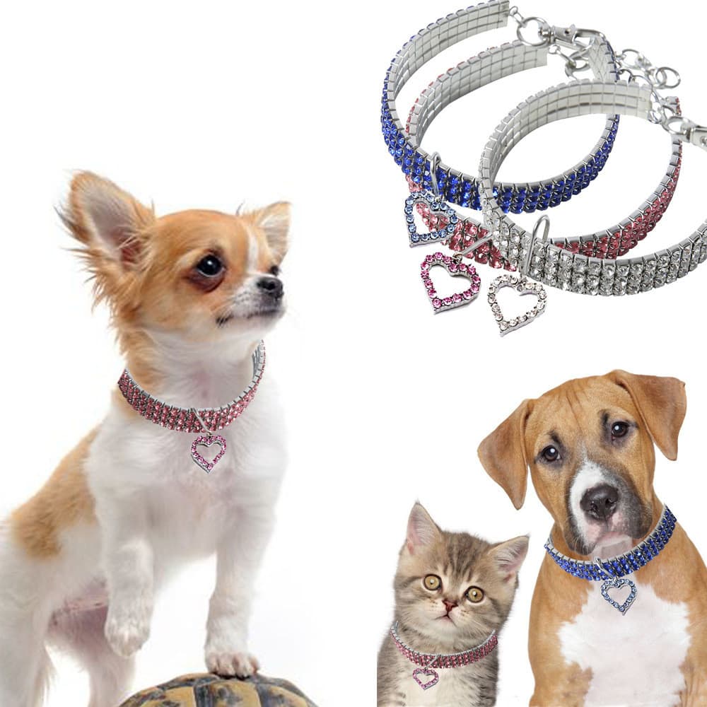 Cão de estimação gato pescoço jóias colar elástico colar de cristal elástico com pingente 3 fileiras colar de strass