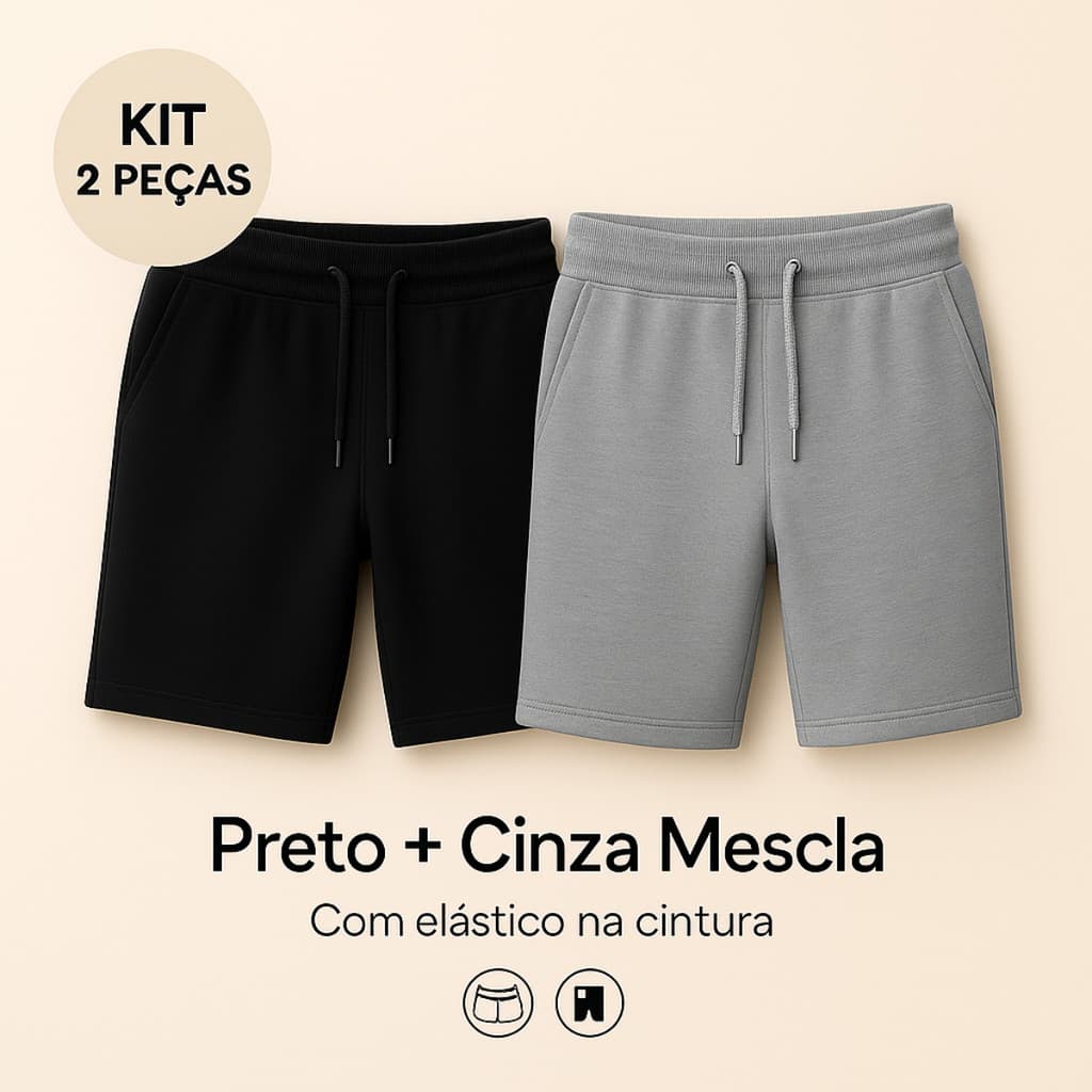 Kit Bermuda De Moletom Preto E Cinza Elástico Na Cintura Bolso Lateral Conjunto Bermuda de Moletom.