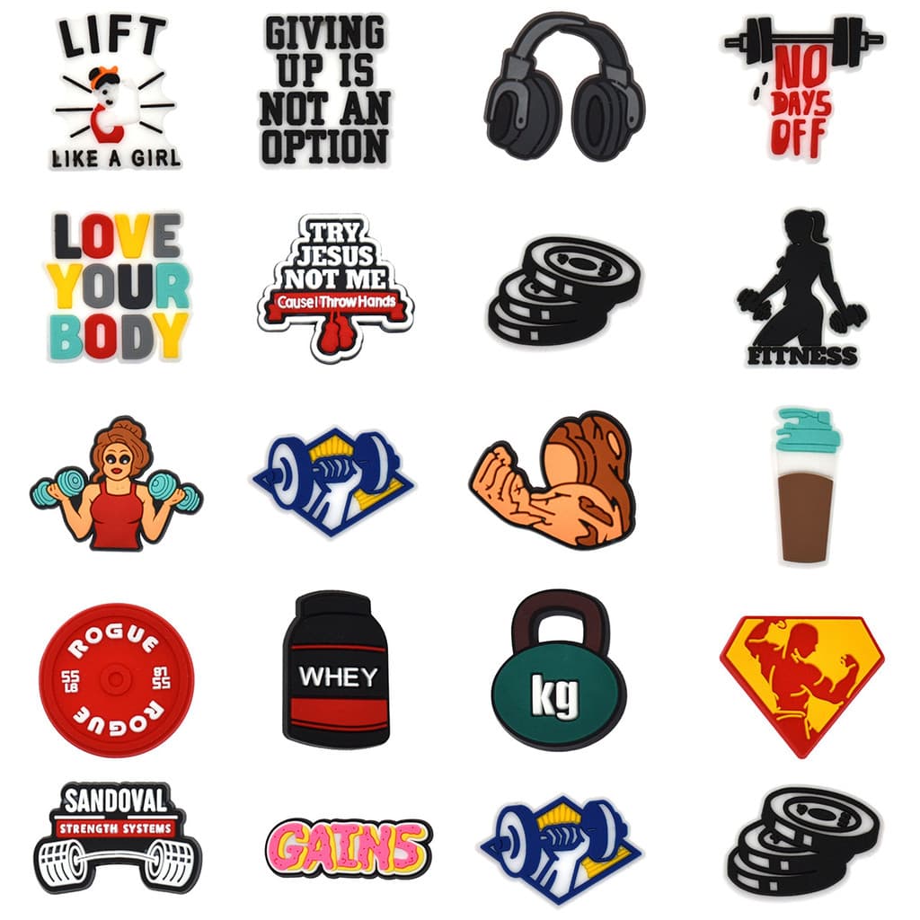 Encantos De Sapato decorativos de PVC para sapatos e botões com padrões da série Gym nos sapatos