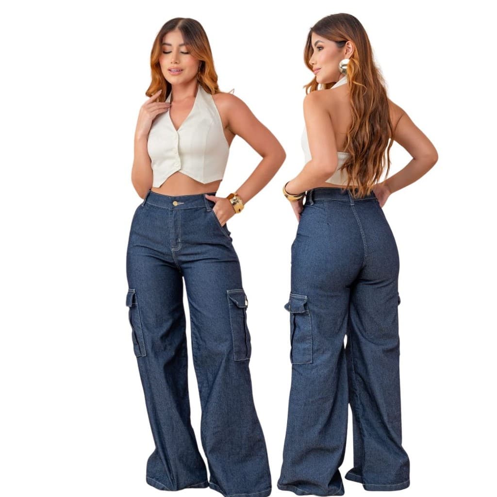 Calça Wide Leg Cargo Pantalona Jeans Feminina com Elastano