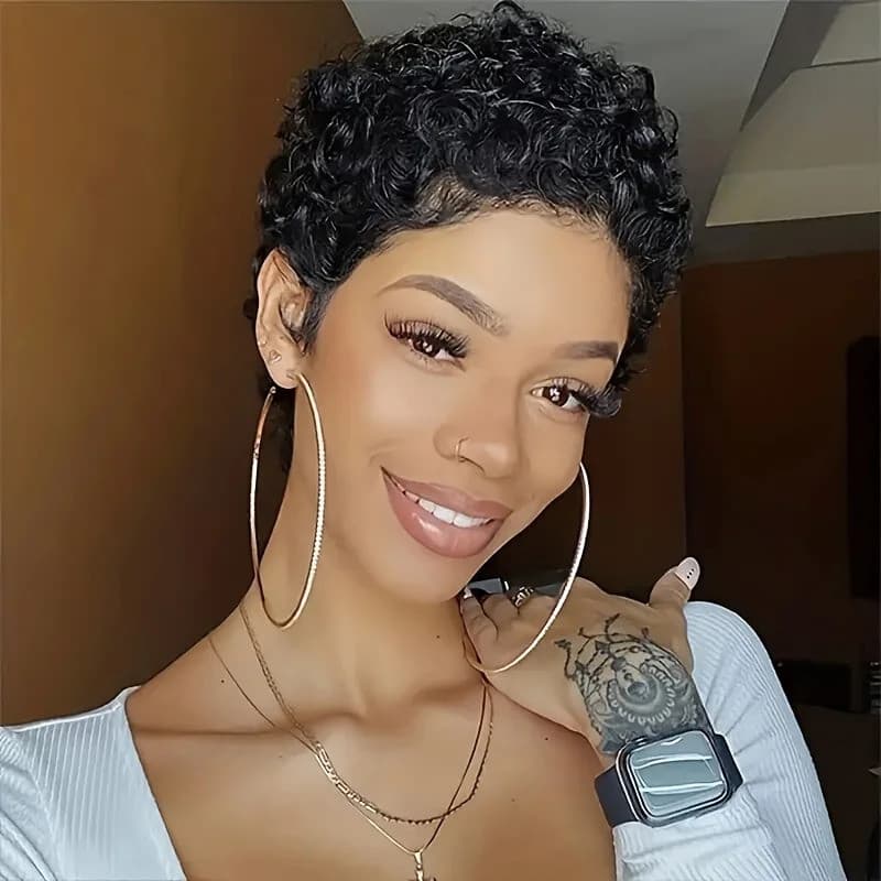 Perucas de Cabelo Humano Curto e Cacheado para Mulheres Negras, Corte Pixie, Perucas Cacheadas para Mulheres, Perucas Cu
