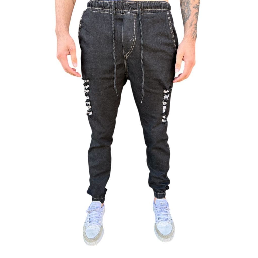 Calça Jogger Masculina Jeans Rasgada e lisa Com Punho Elástico e cordão de ajuste - Preço Promocional