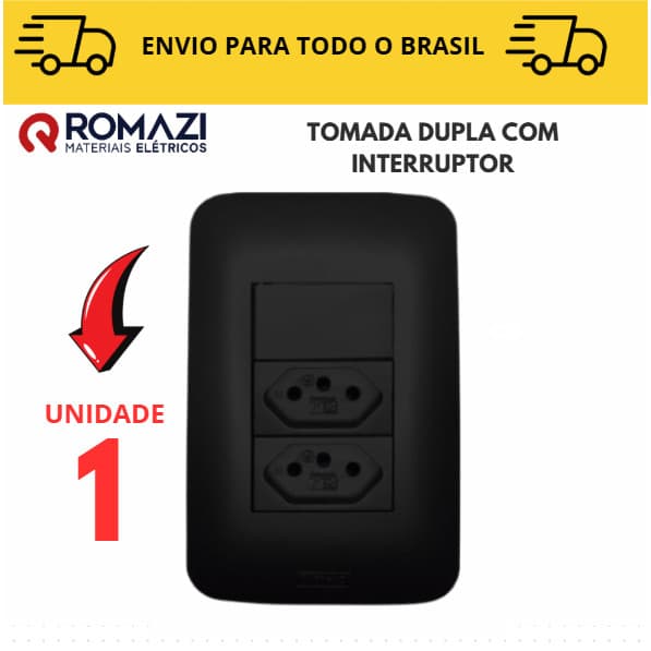 Tomada Dupla Com Interruptor linha canoa black romazi / 10A / 20A / Paralelo / Tomada Preta