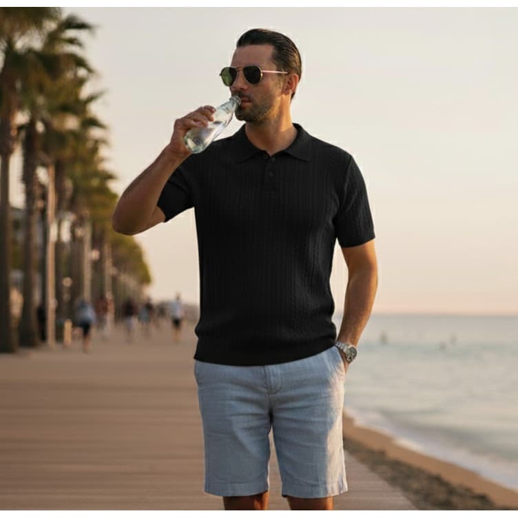 Camiseta Polo Masculina Tricô Premium Linha Italiana Com Botao.