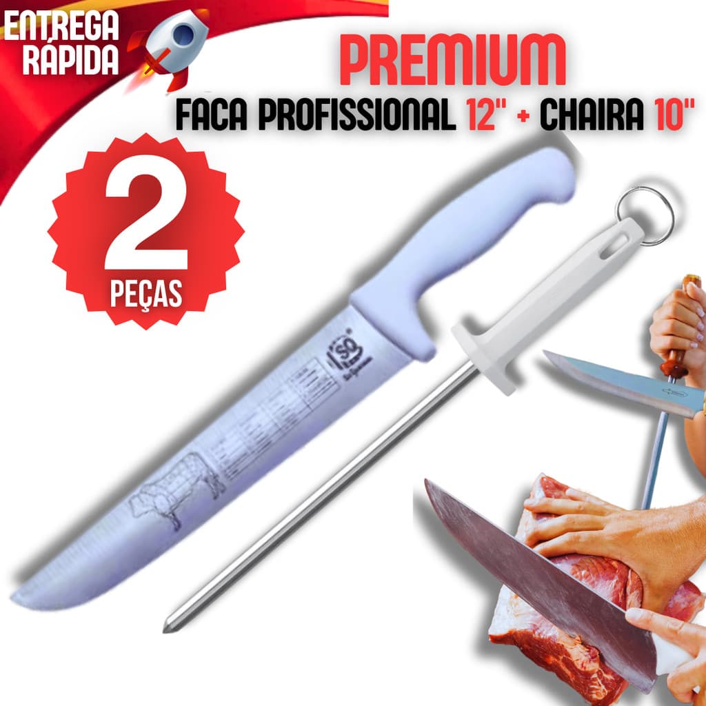 Kit 2 Peças Faca 12 Profissional Chaira 10 polegadas Afiador Amolador Açougue Cozinheiro