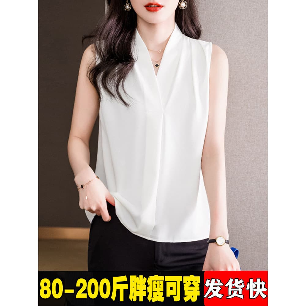 Branco sem mangas com decote em v camisa feminina verão All-Match tamanho grande pulôver camisa solta mais magro olhar c