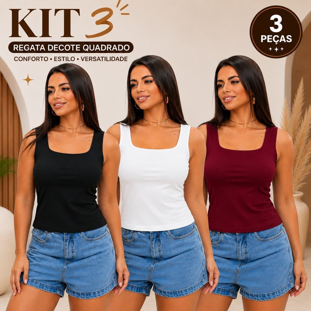 Kit 3 Regatas Femininas Decote Quadrado Blusa Suplex Premium Sem Manga Blusinha Básica Casual Verão
