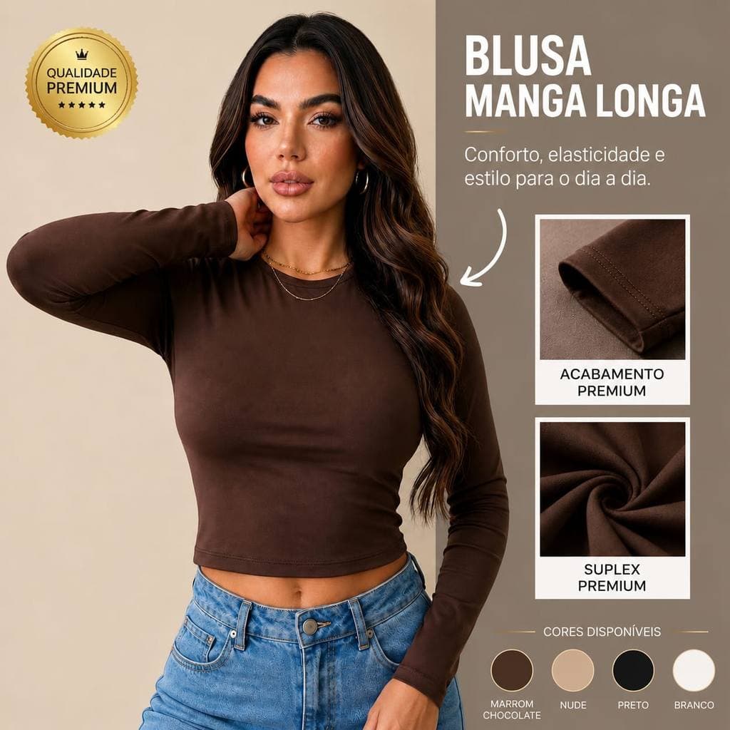 Blusa Femenina Manga longa Baby Tee Slim de Compressão Cropped Gola Redonda
