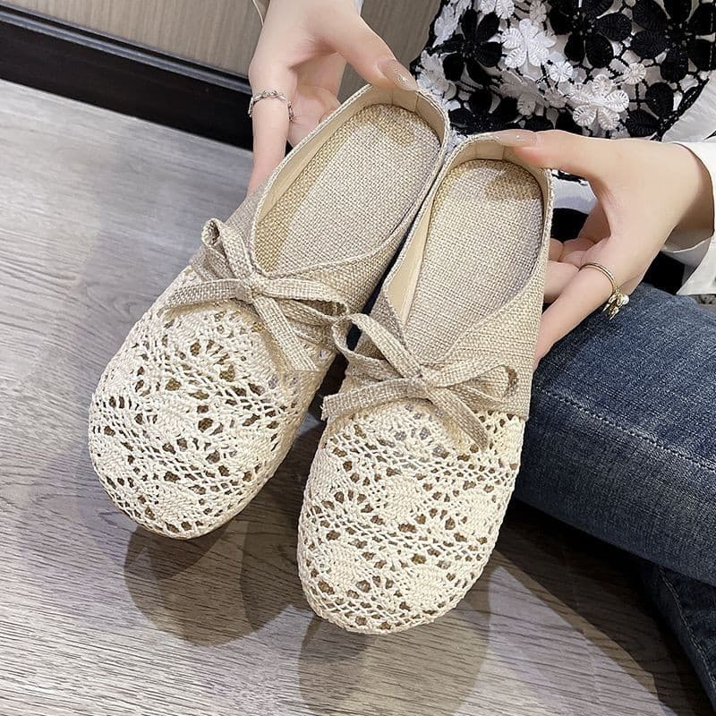 Chinelos femininos 2026 novo estilo verão All-Match exterior Wear malha respirável antiderrapante linho algodão Baotou m