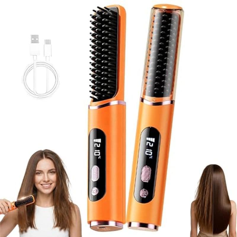 Escova Alisadora De Cabelo Sem Fio , Pente Alisador Recarregável Portátil Com Display Digital , 5 Configurações De Tempe