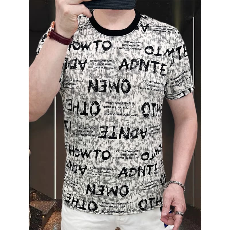 Carta impressa camiseta de manga curta masculina verão novo estilo fino ajuste elegante único em torno do pescoço meia m