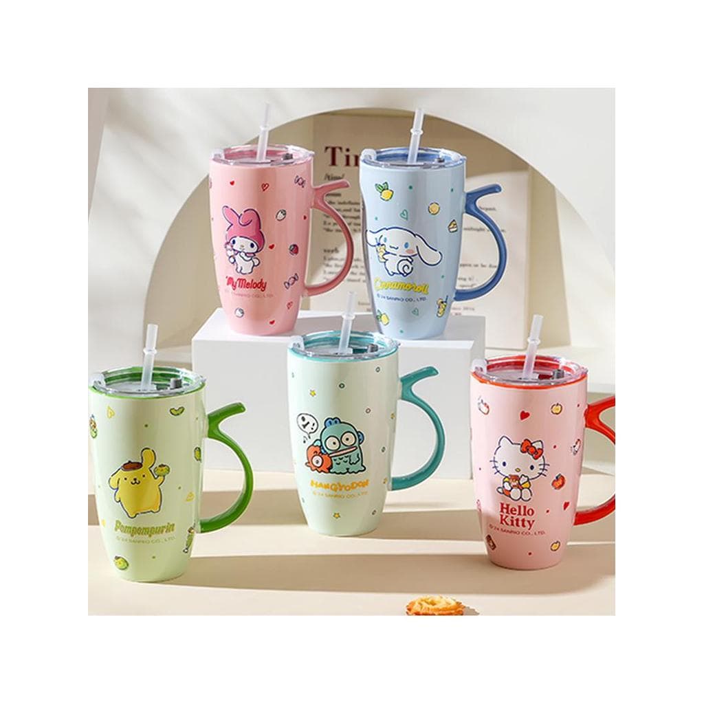 Sanrio copo de água de cerâmica, caneca de grande capacidade, copo de palha criativo para meninas com tampa, presente de