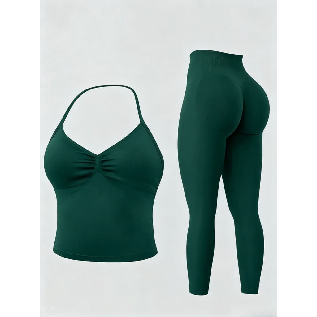 Conjunto de Yoga Sem Costura para Mulheres/Sutiã Esportivo com Decote Halter + Leggings de Cintura Alta com Efeito Model