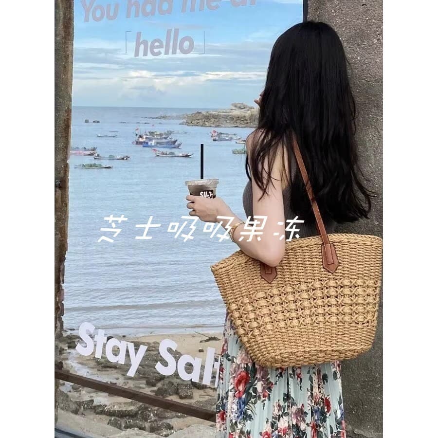 Bolsa Tote de palha francesa feminina bolsa de tecido de grande capacidade verão à beira-mar bolsa estilo férias
